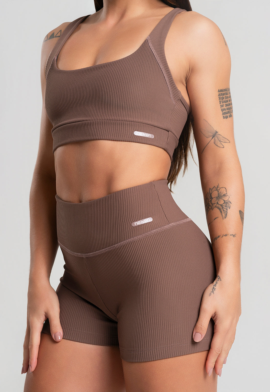 Conjunto Short + Top Canelado Marrom