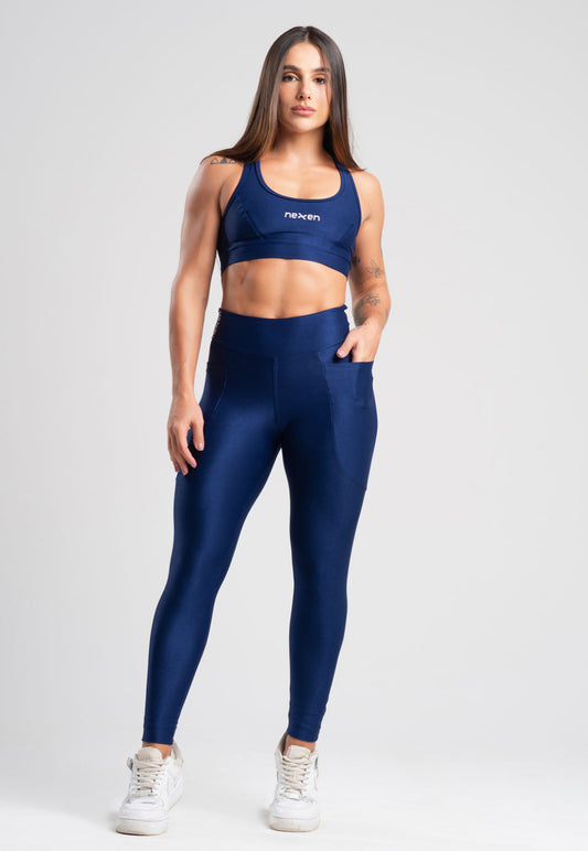 Conjunto Glow Pocket Azul Marinho Poliamida Legging+Top