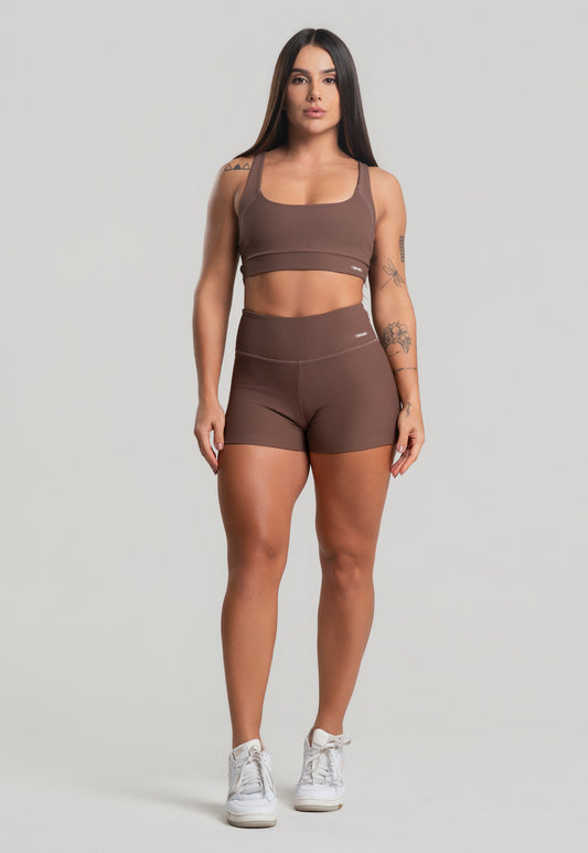 Conjunto Short + Top Canelado Marrom