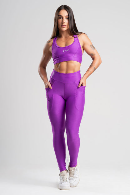 Conjunto Glow Pocket Roxo Poliamida Legging+Top