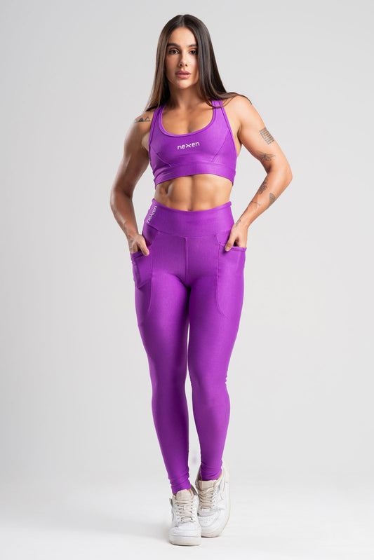 Conjunto Glow Pocket Roxo Poliamida Legging+Top