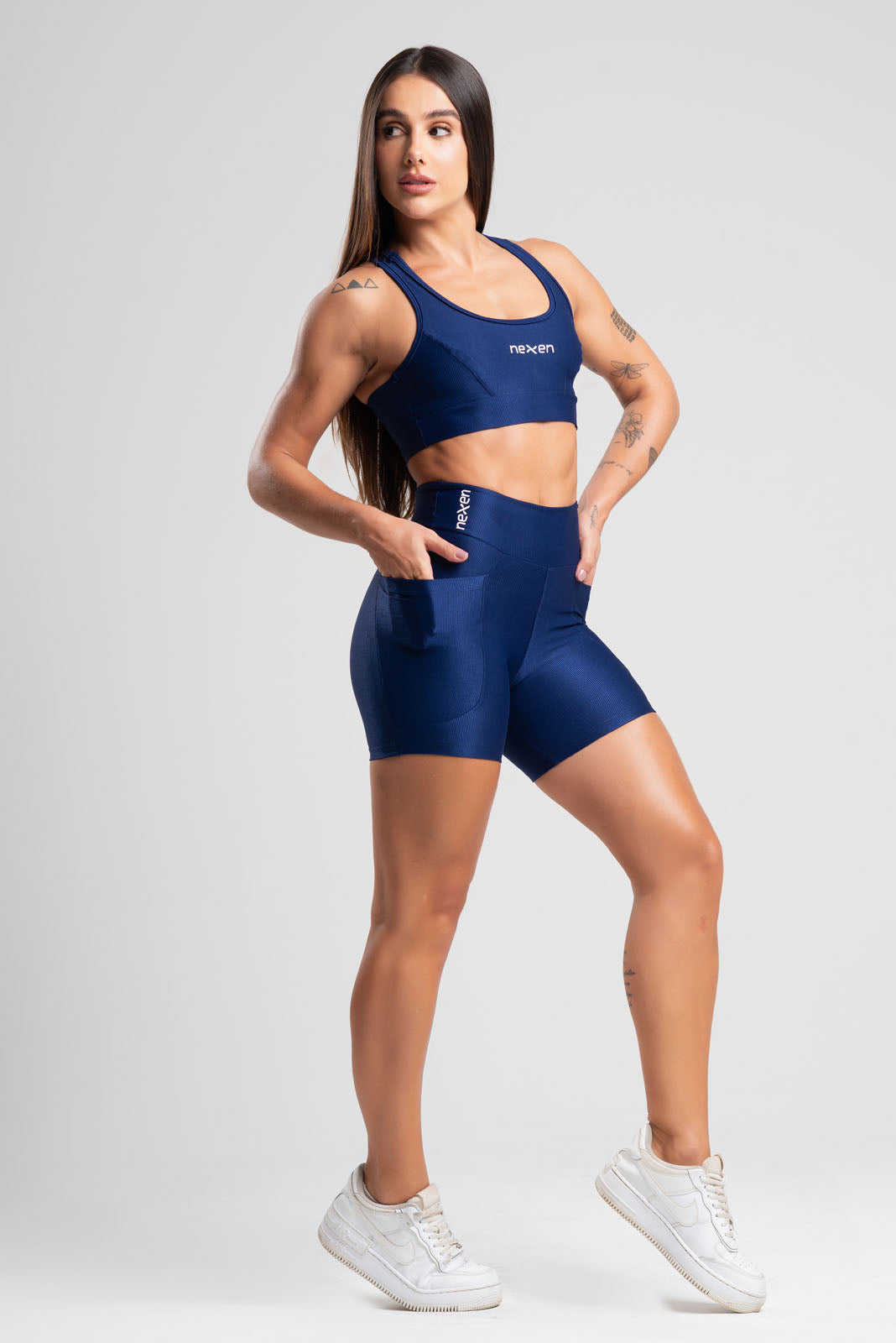 Conjunto Glow Pocket Azul Marinho Poliamida Short+Top