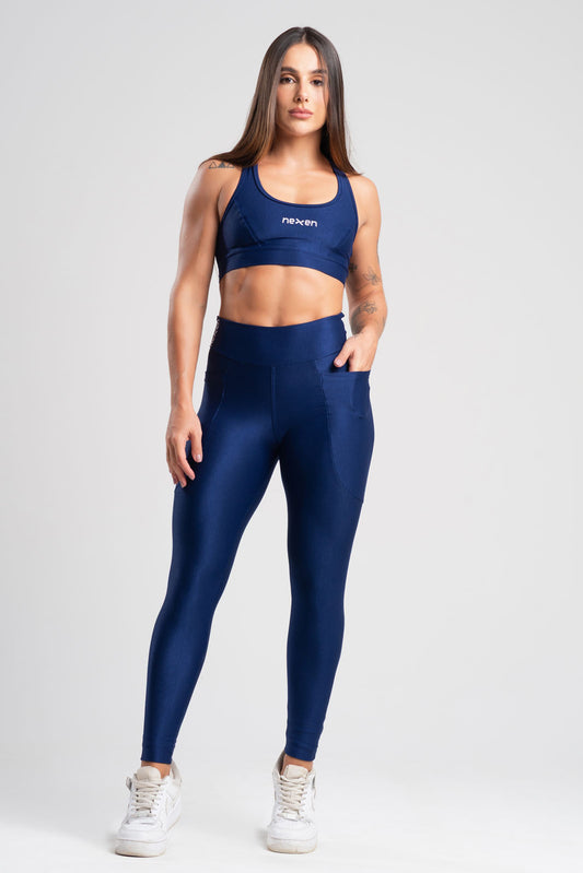 Conjunto Glow Pocket Azul Marinho Poliamida Legging+Top