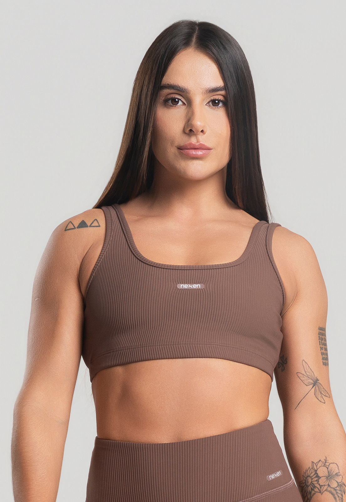 Top Alça Canelado Marrom