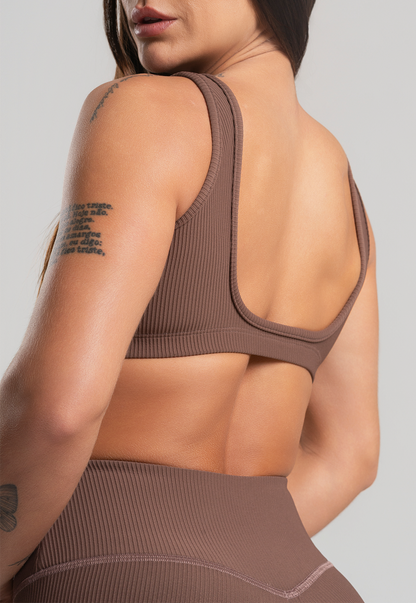 Top Alça Canelado Marrom