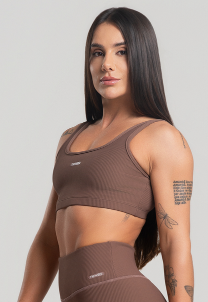 Top Alça Canelado Marrom