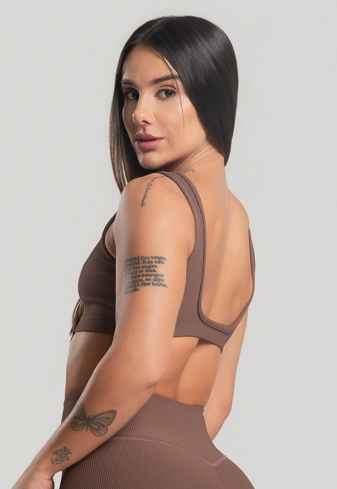 Top Alça Canelado Marrom