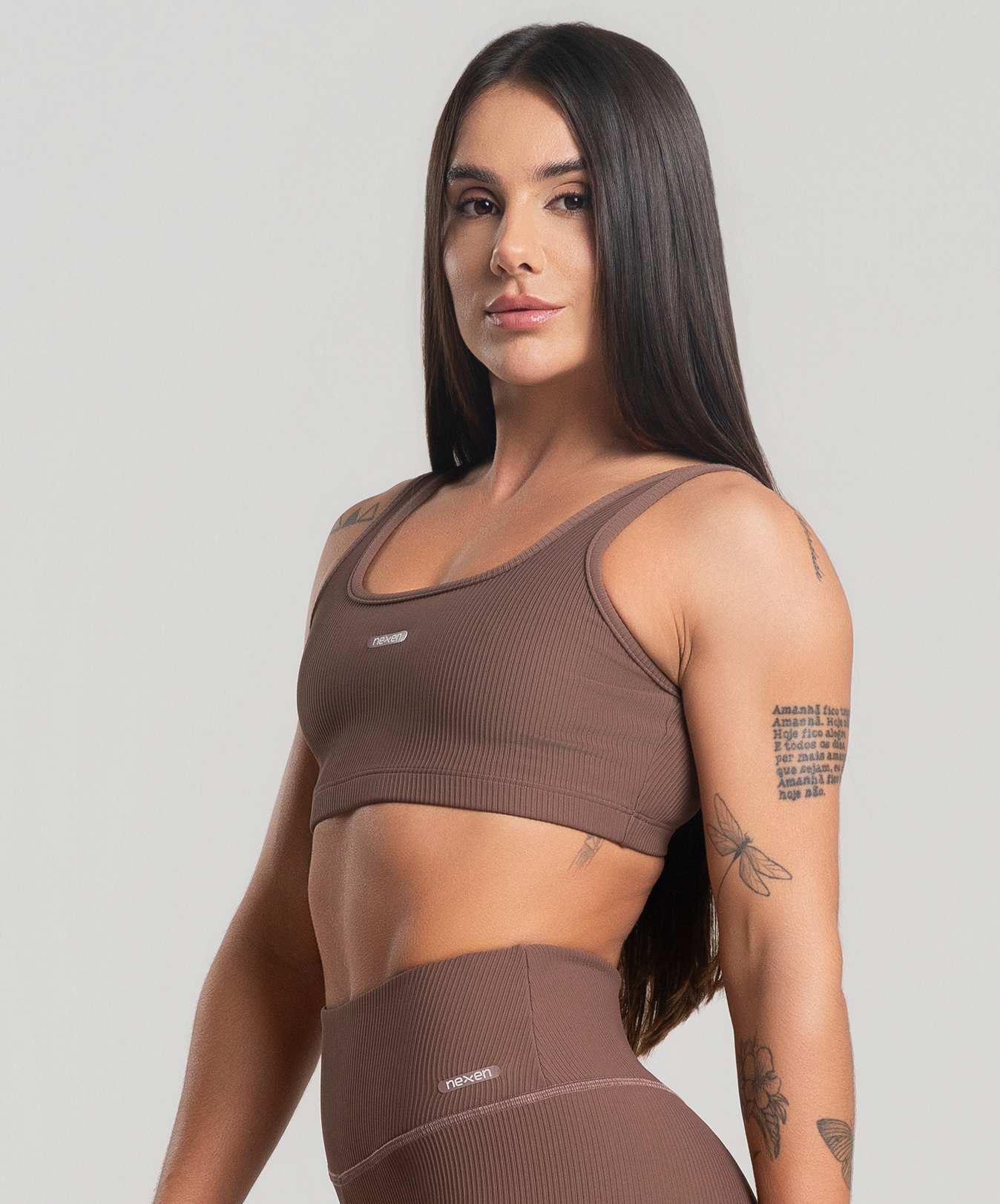 Top Alça Canelado Marrom